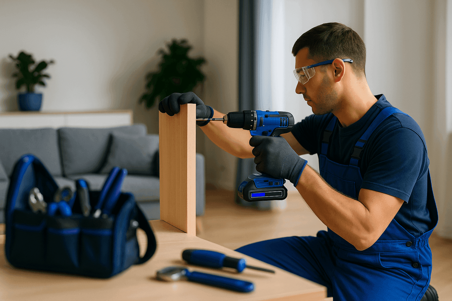 Handyman in safety gloves and goggles using cordless drill on wooden fixture indoors
