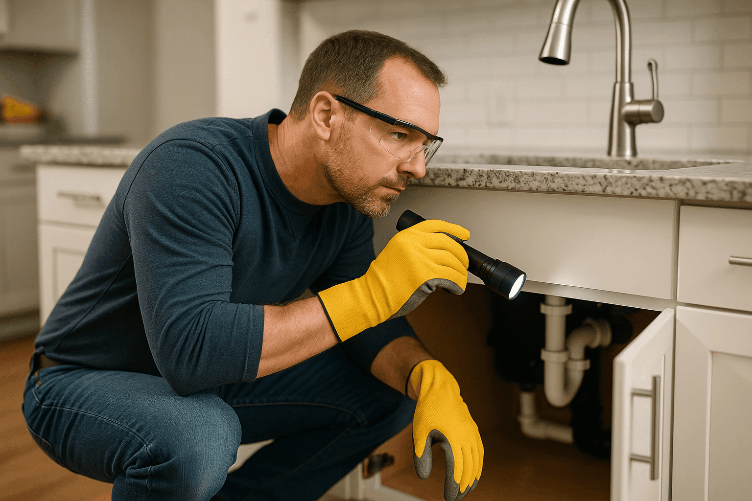 Homeowner inspecting under sink for leaks with flashlight and gloves
