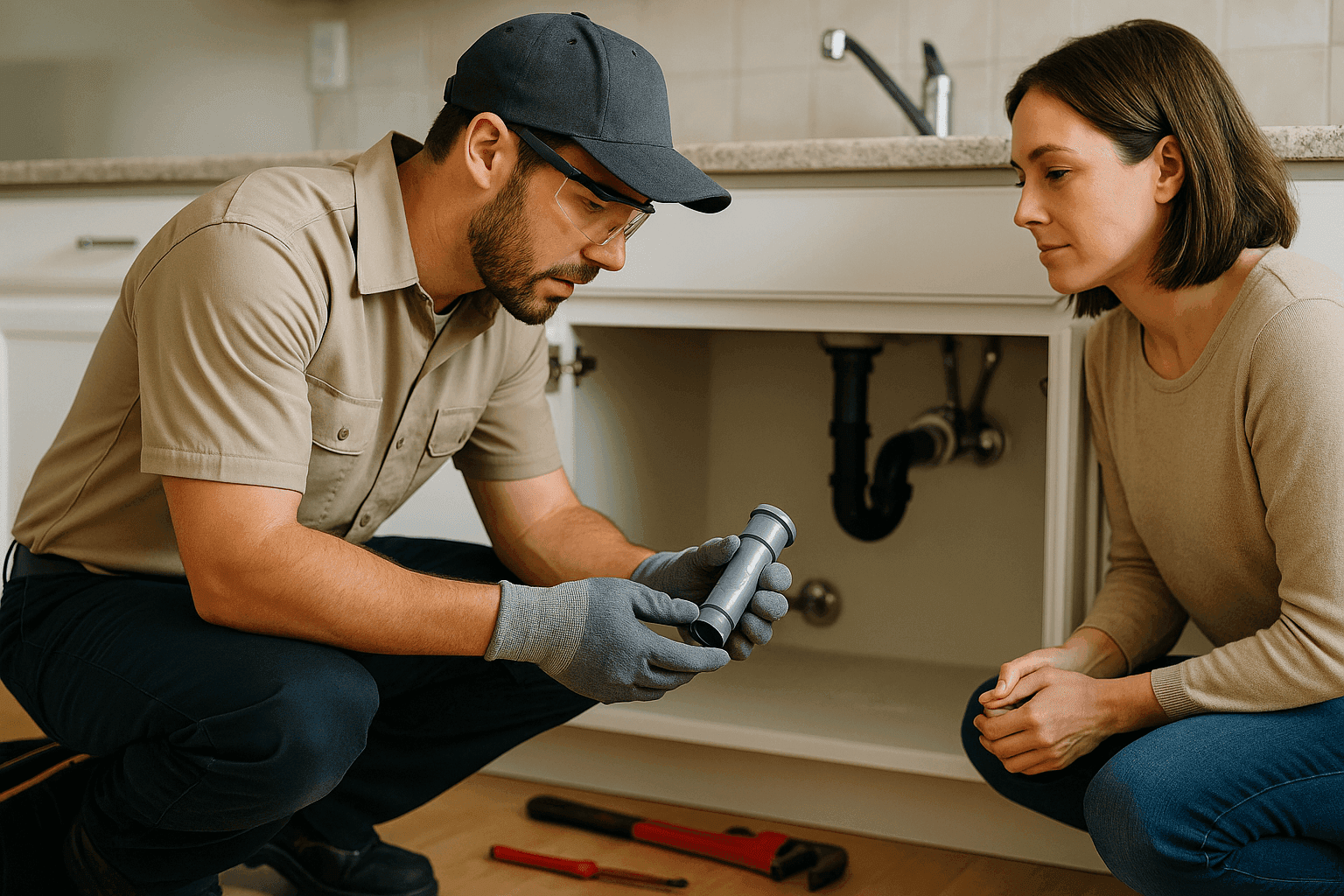 Handyman inspecting a leaking pipe under a kitchen sink during an emergency repair