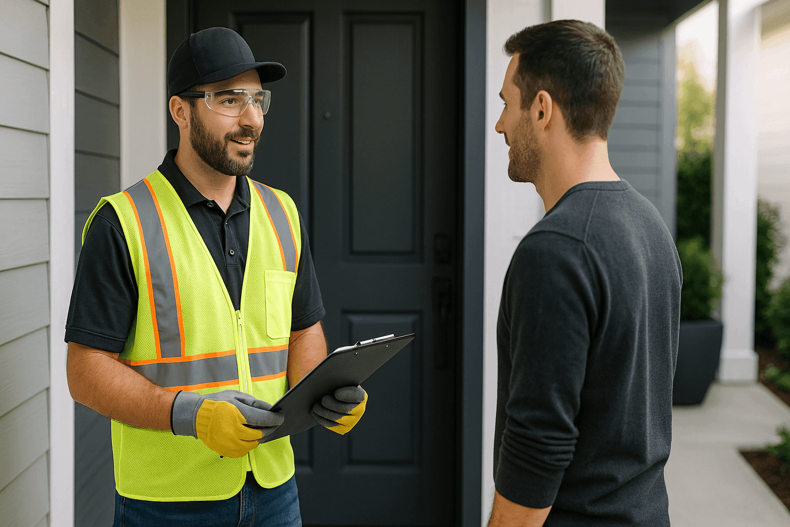 Homeowner interviewing handyman with clipboard and safety vest at front door