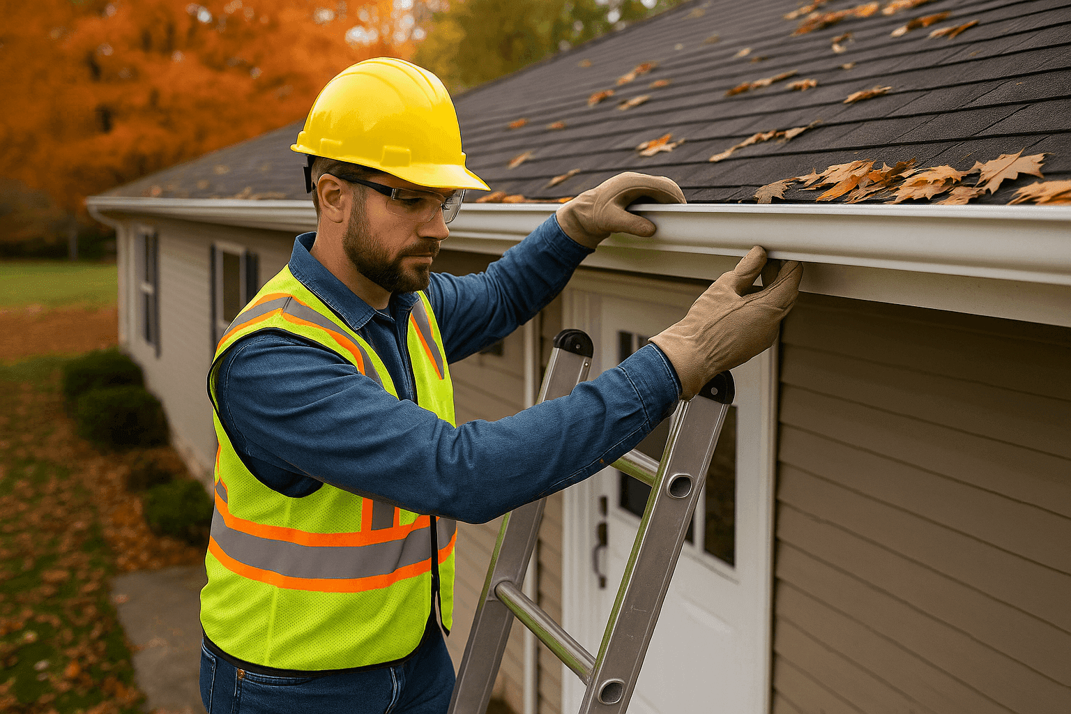 Handyman inspecting gutter on ladder during autumn with safety gear