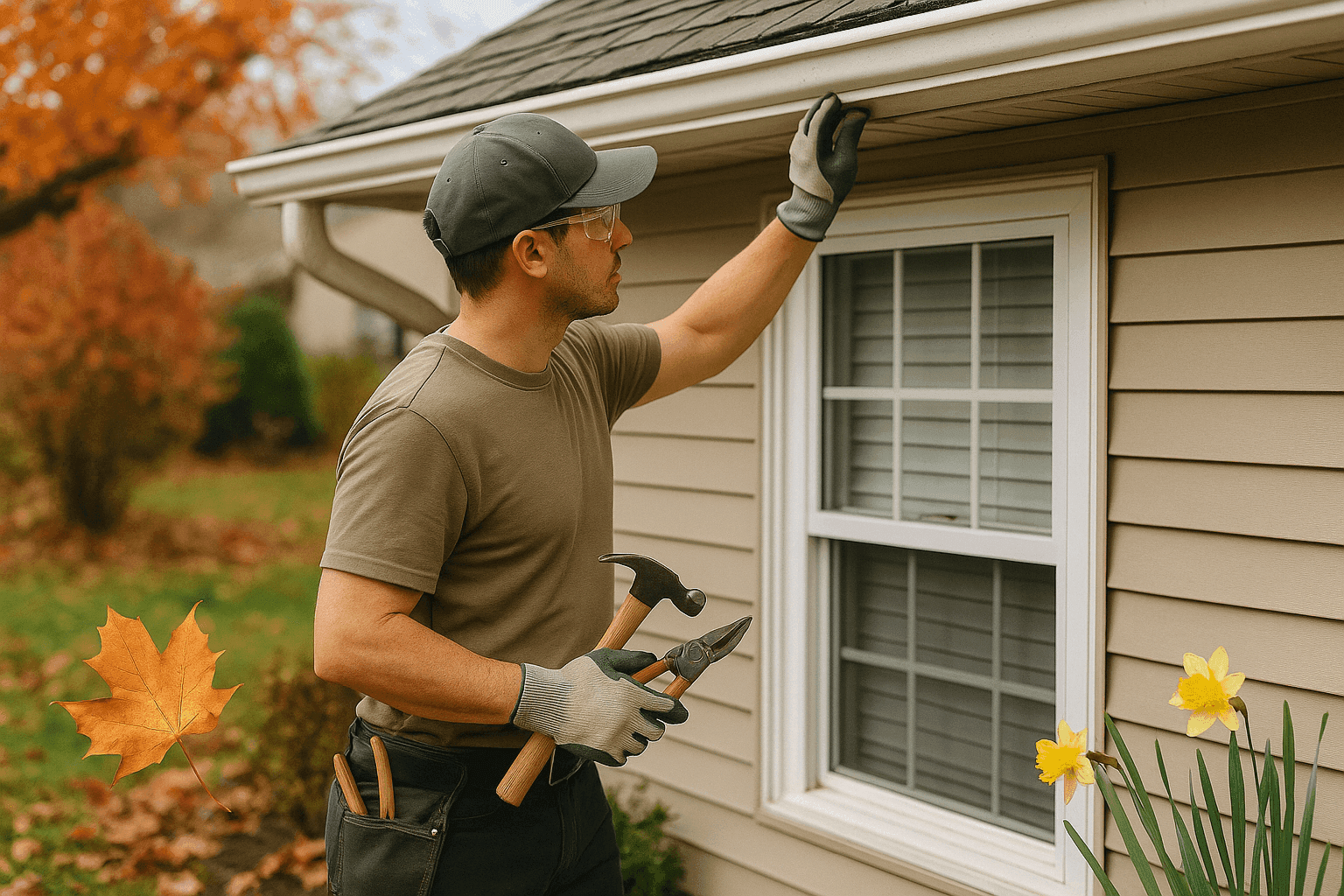 Homeowner performing seasonal maintenance on house exterior with gardening gloves and tools